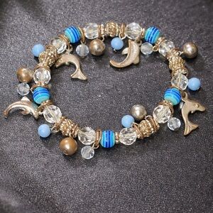 Dolphin Stretch Charm Beaded Bracelet Silver Tone